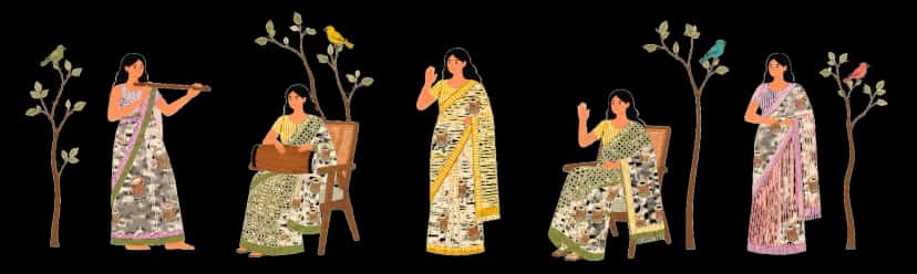 Women in Anumya block printed sarees playing music among trees and birds