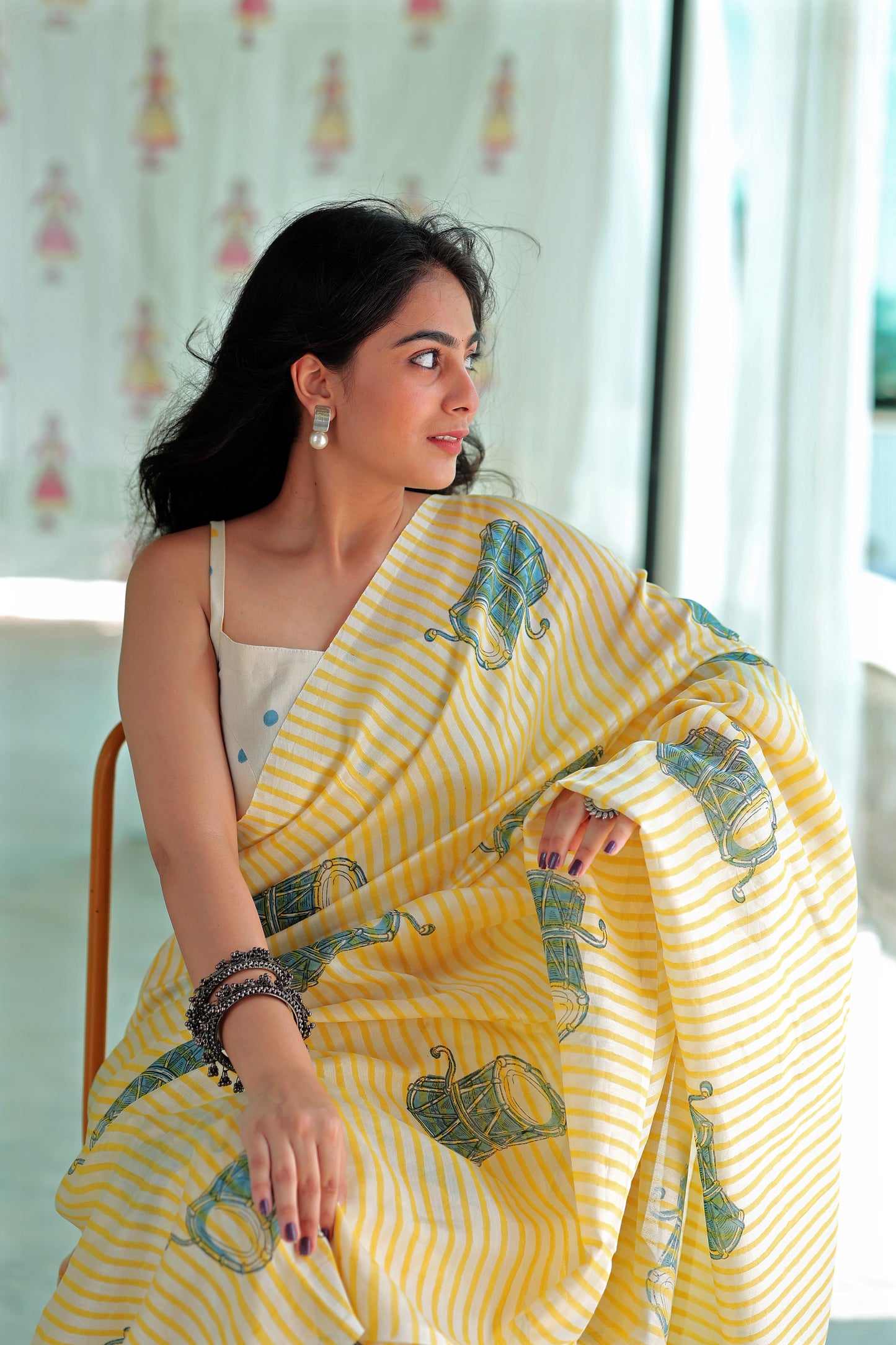 Handblock Print Chanderi Stripe Saree | Mauj Collection – Spandan Motif | Anumya
