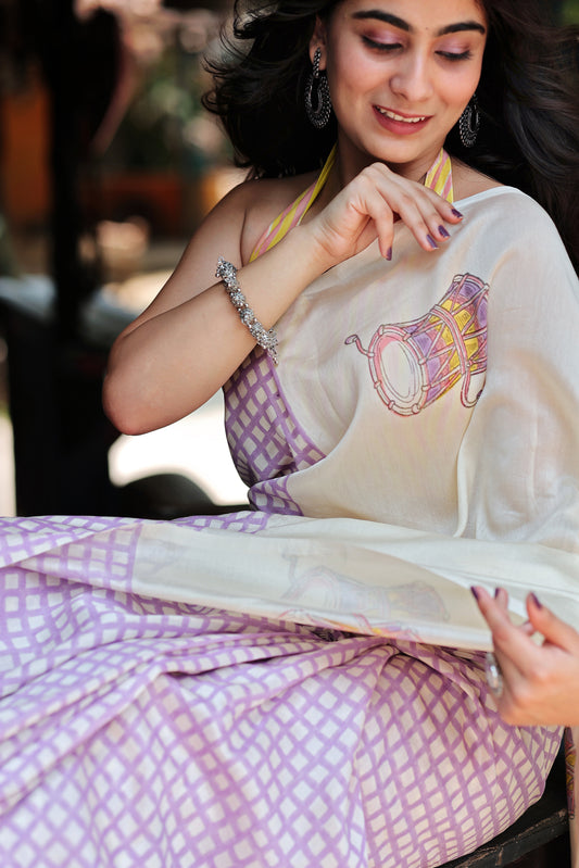 Handblock Print Chanderi Check Purple Saree | Mauj Collection – Spandan Motif | Anumya