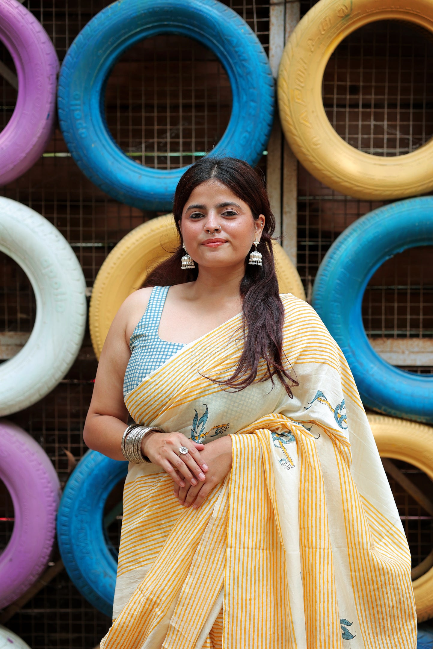 Handblock Print Chanderi Stripe Mustard Saree | Mauj Collection – Swar Motif | Anumya