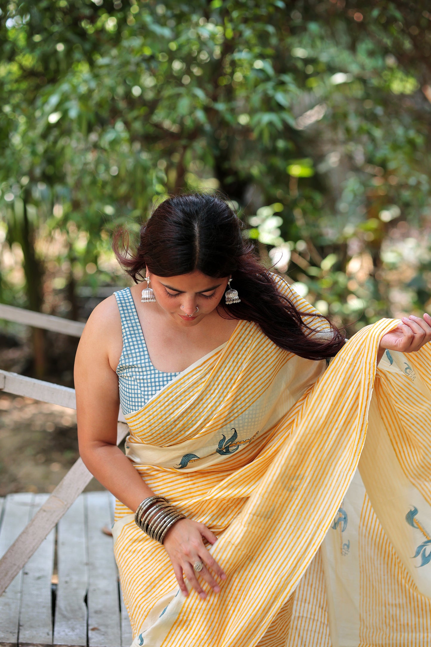 Handblock Print Chanderi Stripe Mustard Saree | Mauj Collection – Swar Motif | Anumya