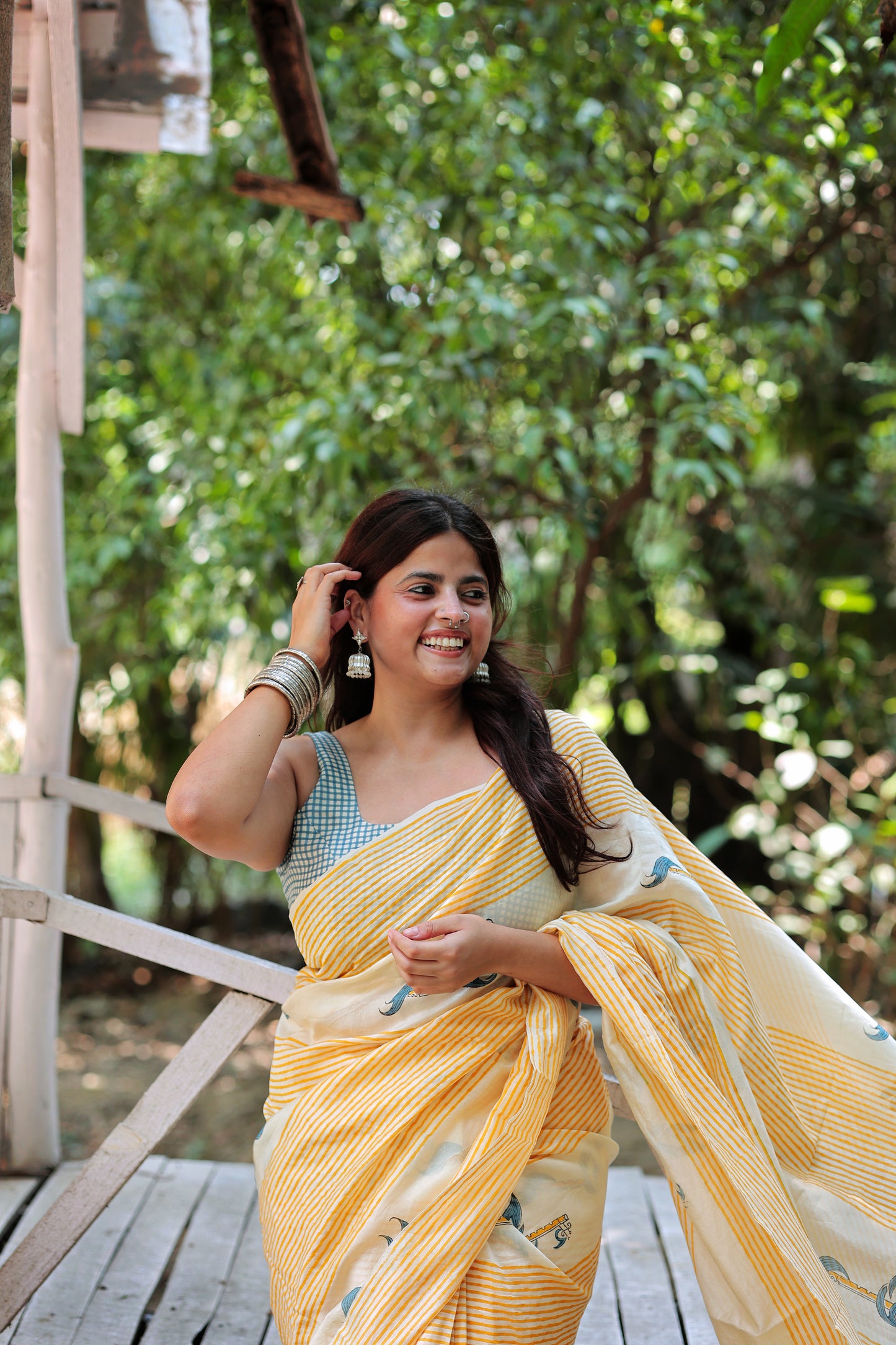 Handblock Print Chanderi Stripe Mustard Saree | Mauj Collection – Swar Motif | Anumya