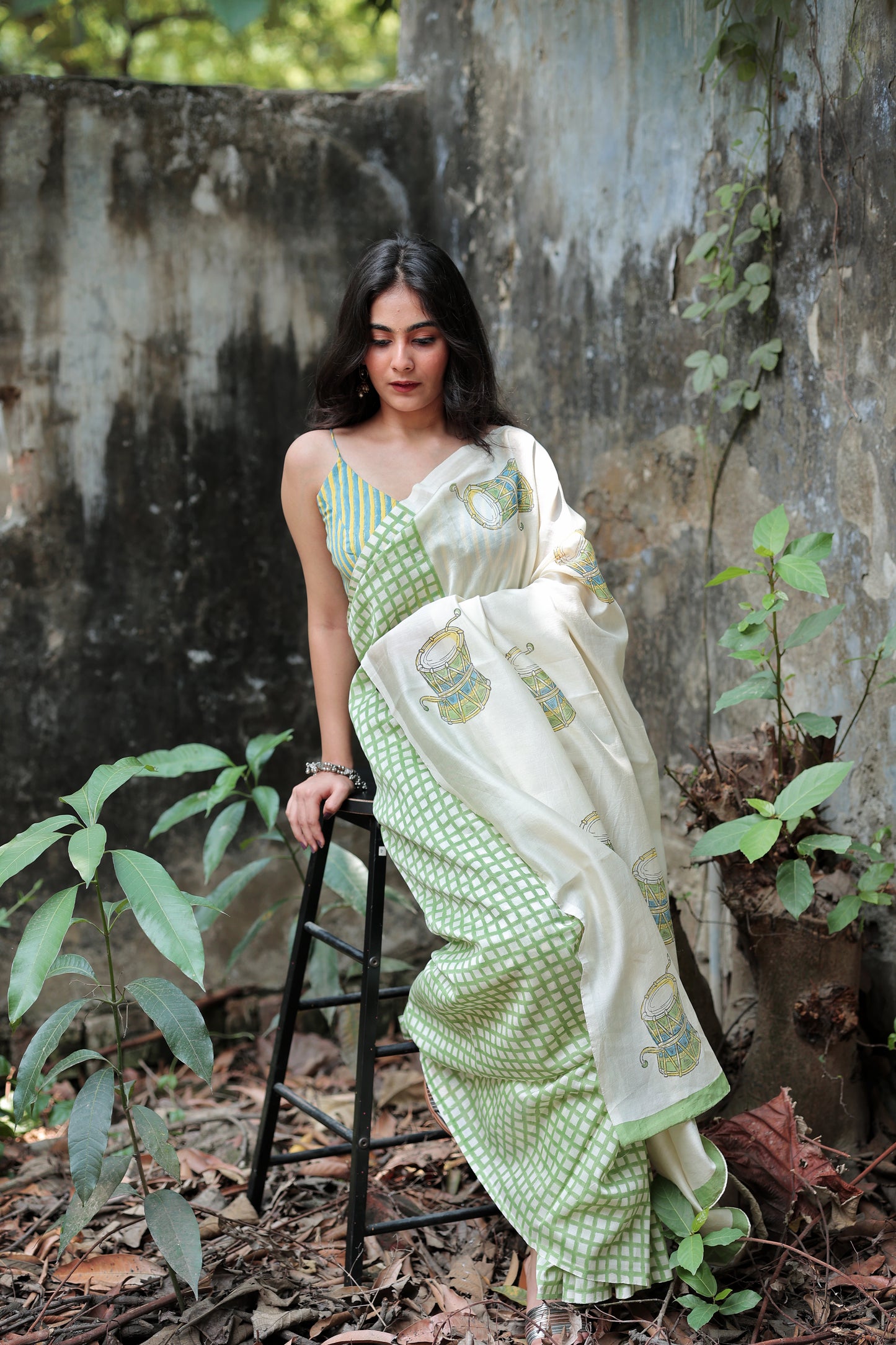 Handblock Print Chanderi Check Green Saree | Mauj Collection – Spandan Motif | Anumya
