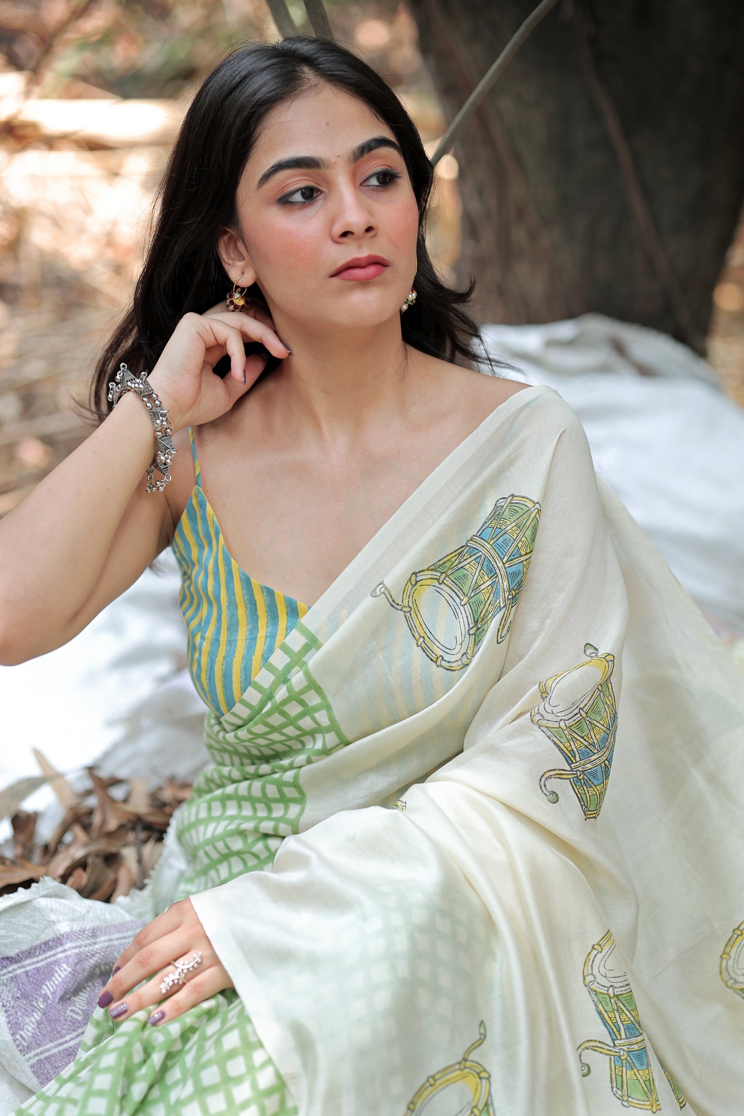 Handblock Print Chanderi Check Green Saree | Mauj Collection – Spandan Motif | Anumya