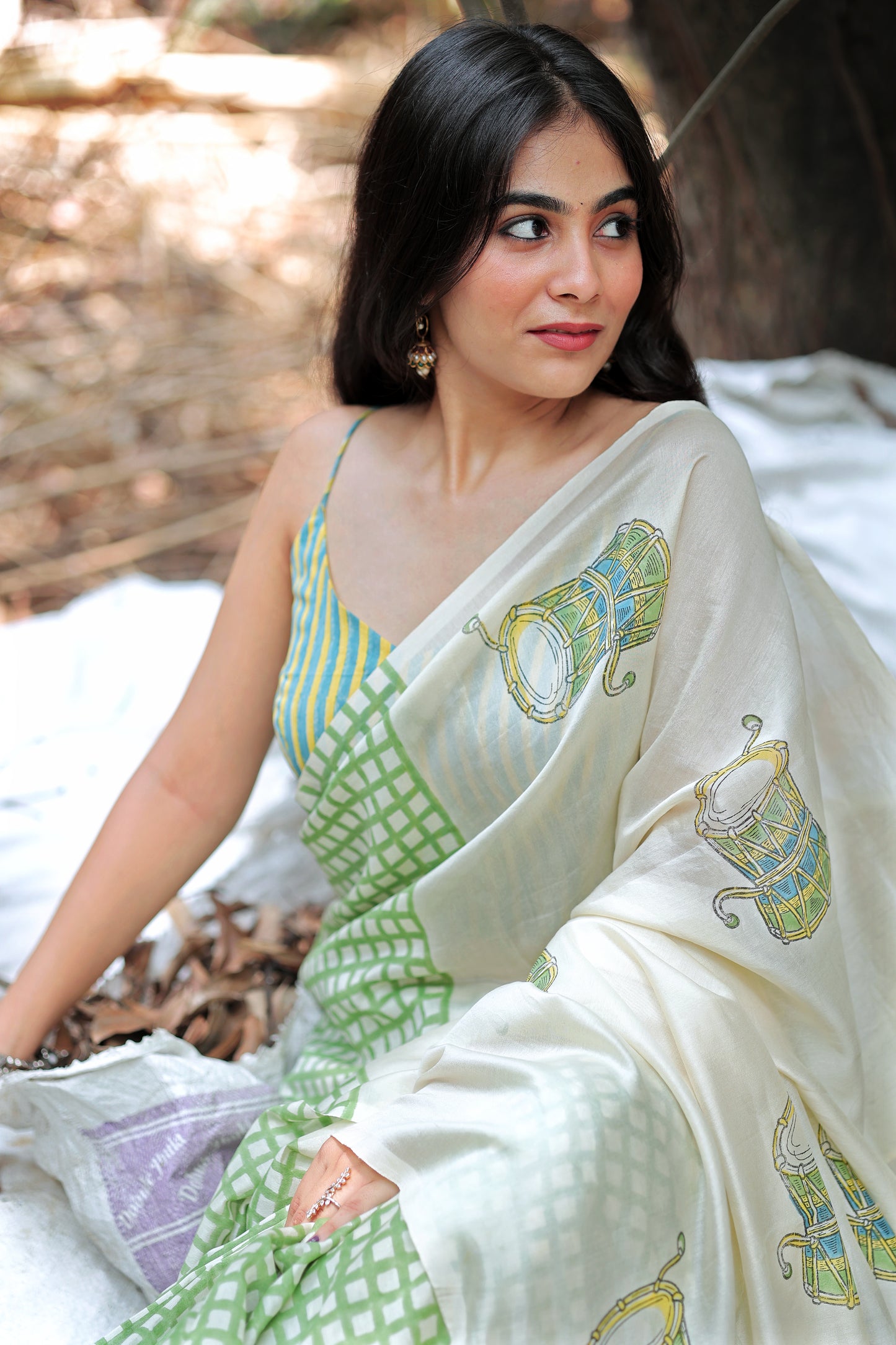 Handblock Print Chanderi Check Green Saree | Mauj Collection – Spandan Motif | Anumya