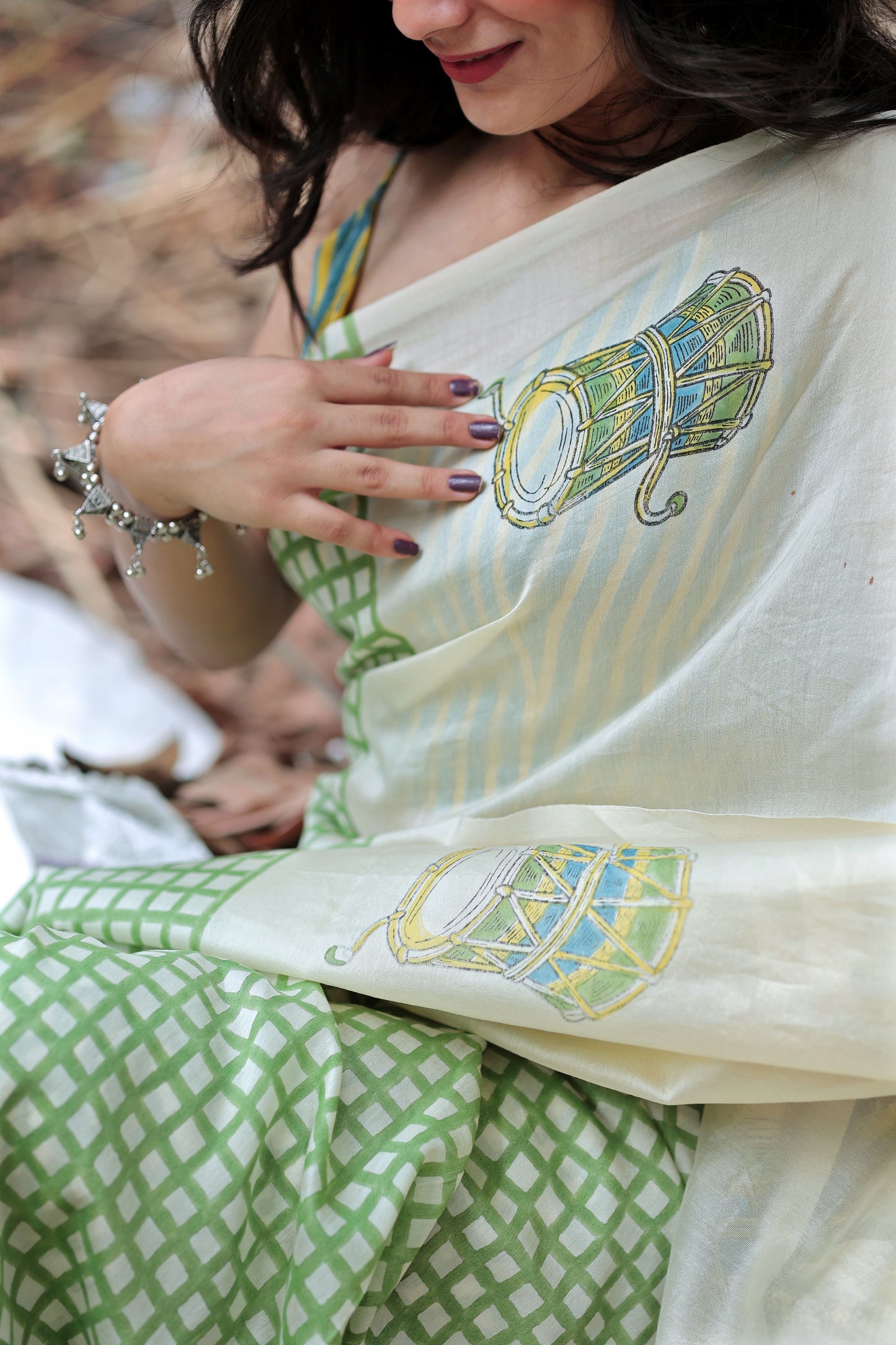 Handblock Print Chanderi Check Green Saree | Mauj Collection – Spandan Motif | Anumya
