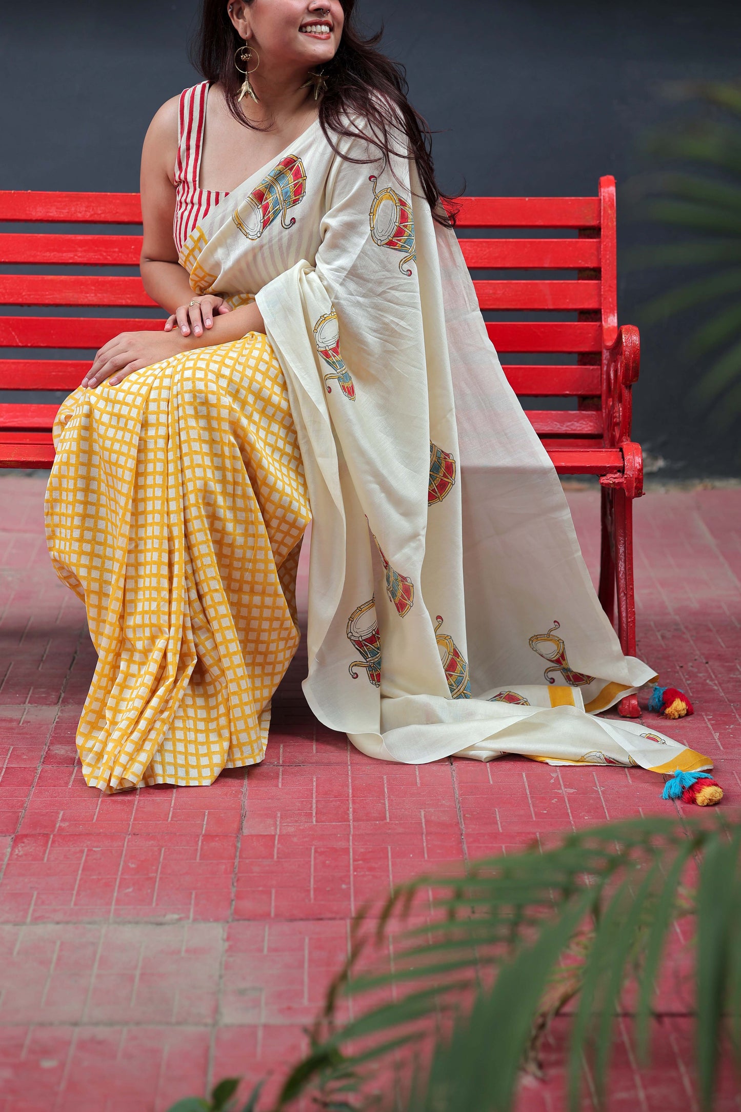 Handblock Print Chanderi Check Yellow Saree | Mauj Collection – Spandan Motif | Anumya