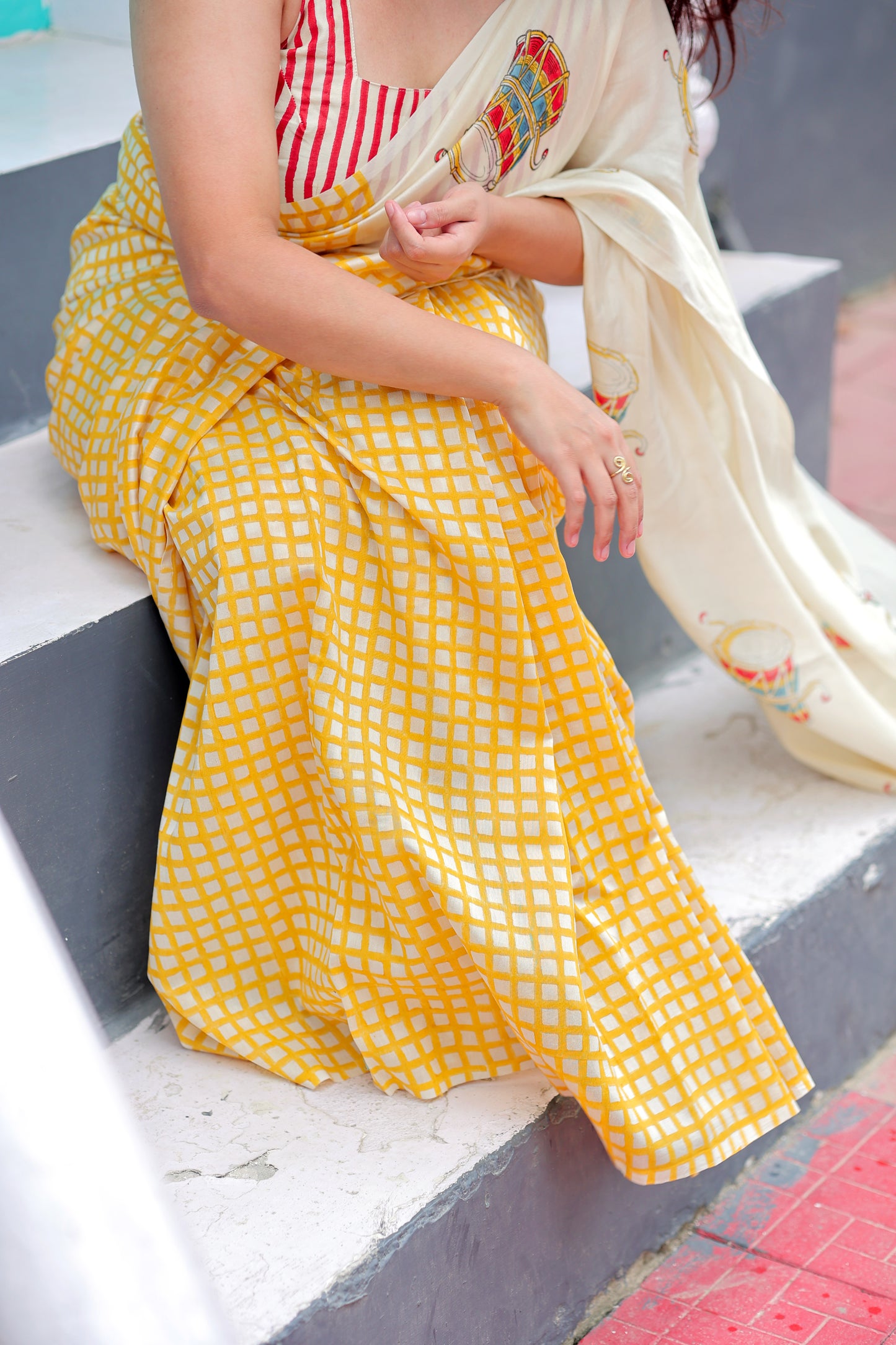 Handblock Print Chanderi Check Yellow Saree | Mauj Collection – Spandan Motif | Anumya