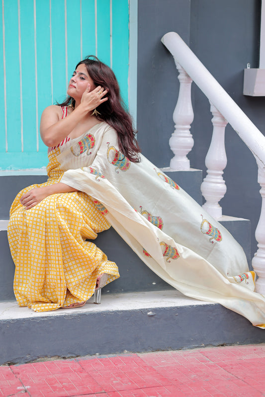 Handblock Print Chanderi Check Yellow Saree | Mauj Collection – Spandan Motif | Anumya