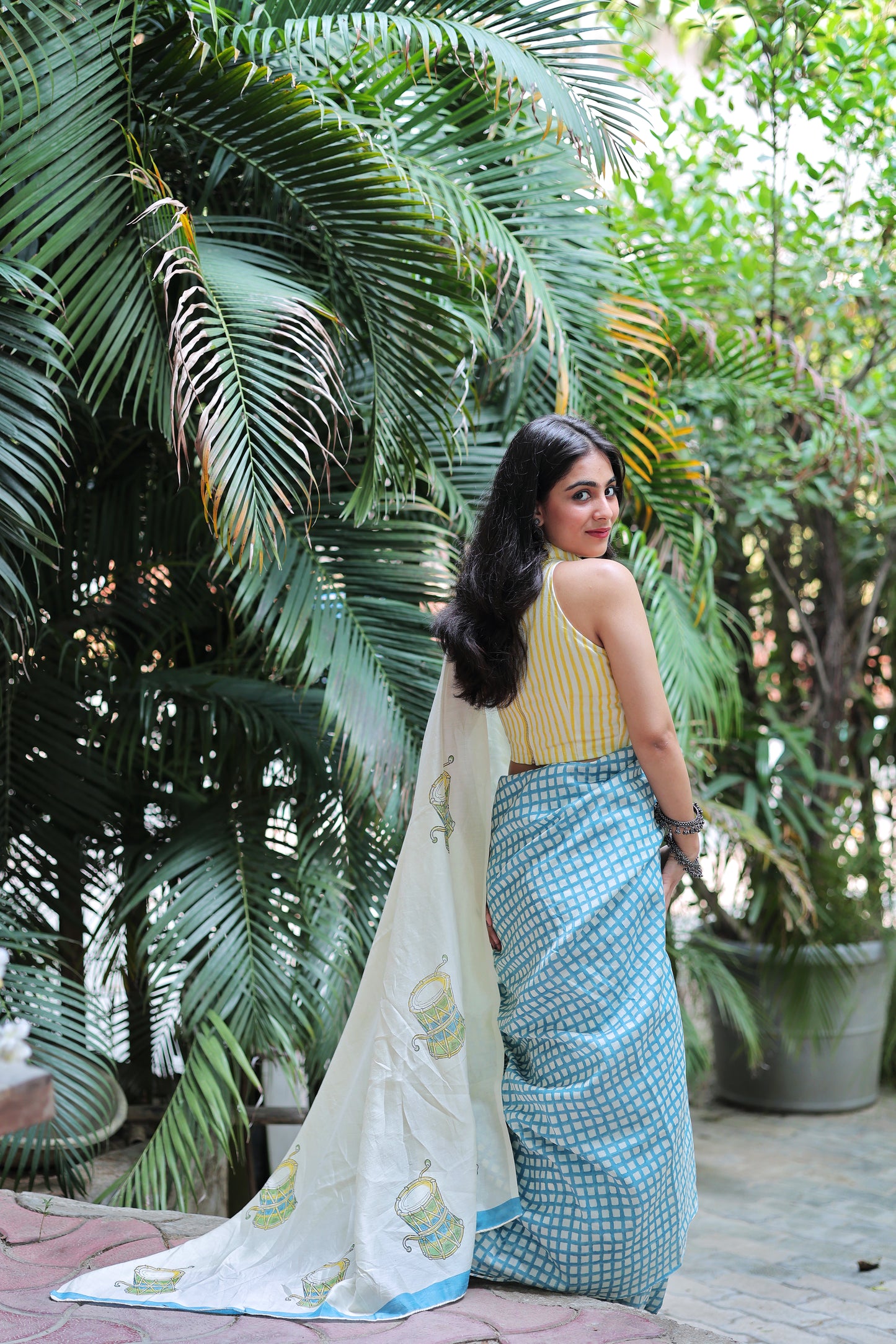Handblock Print Chanderi Check Blue Saree | Mauj Collection – Spandan Motif | Anumya