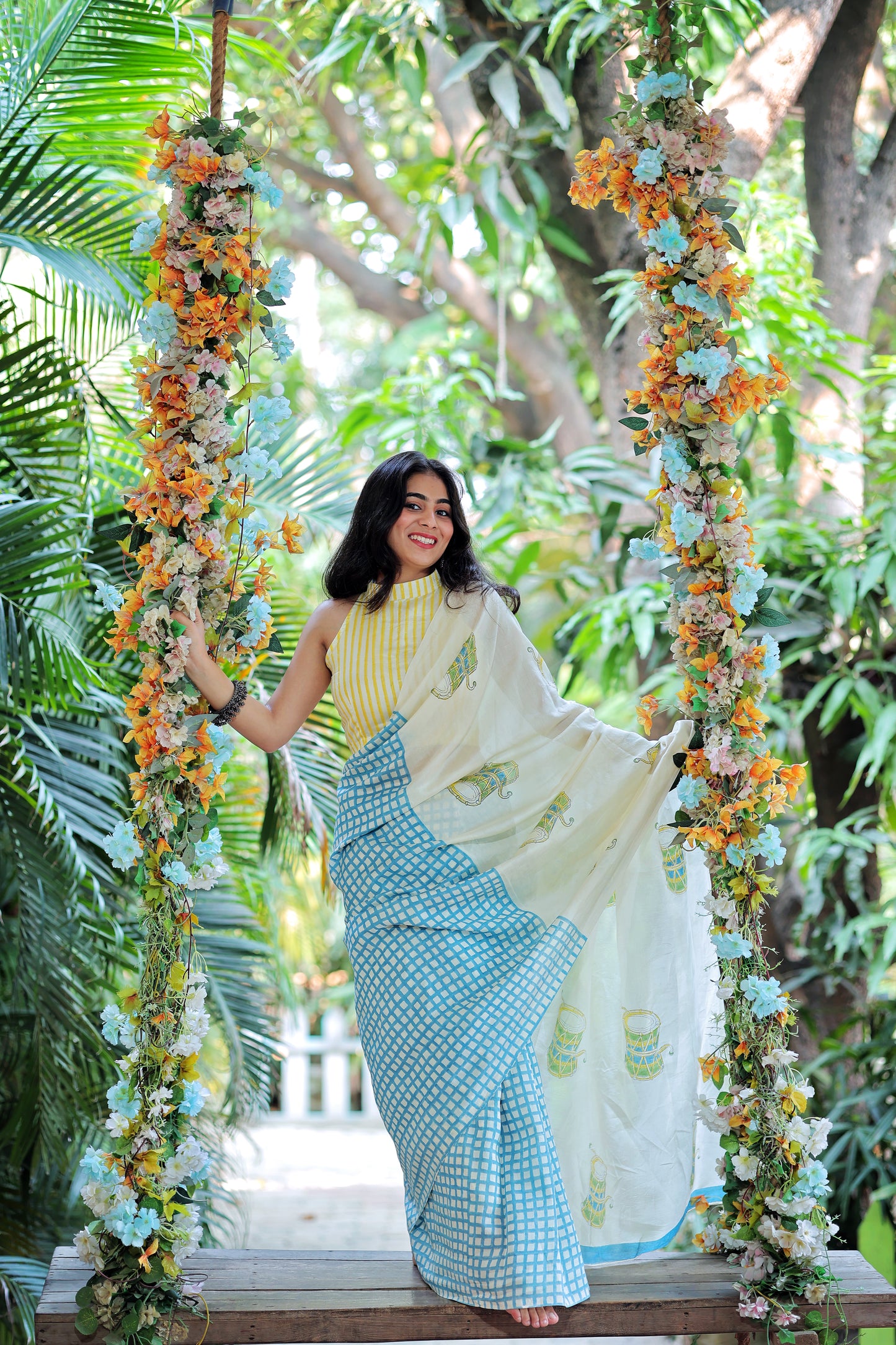 Handblock Print Chanderi Check Blue Saree | Mauj Collection – Spandan Motif | Anumya