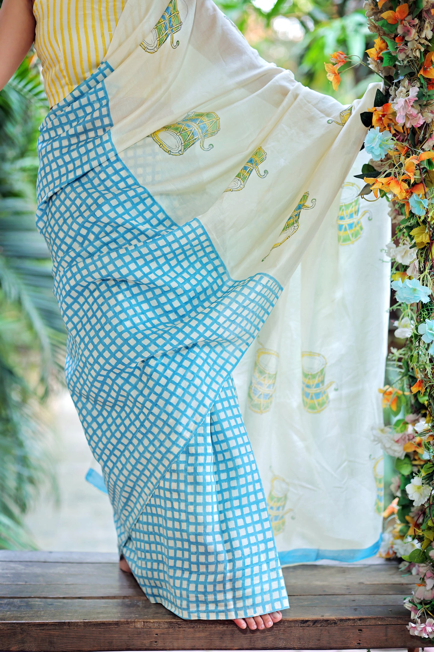 Handblock Print Chanderi Check Blue Saree | Mauj Collection – Spandan Motif | Anumya