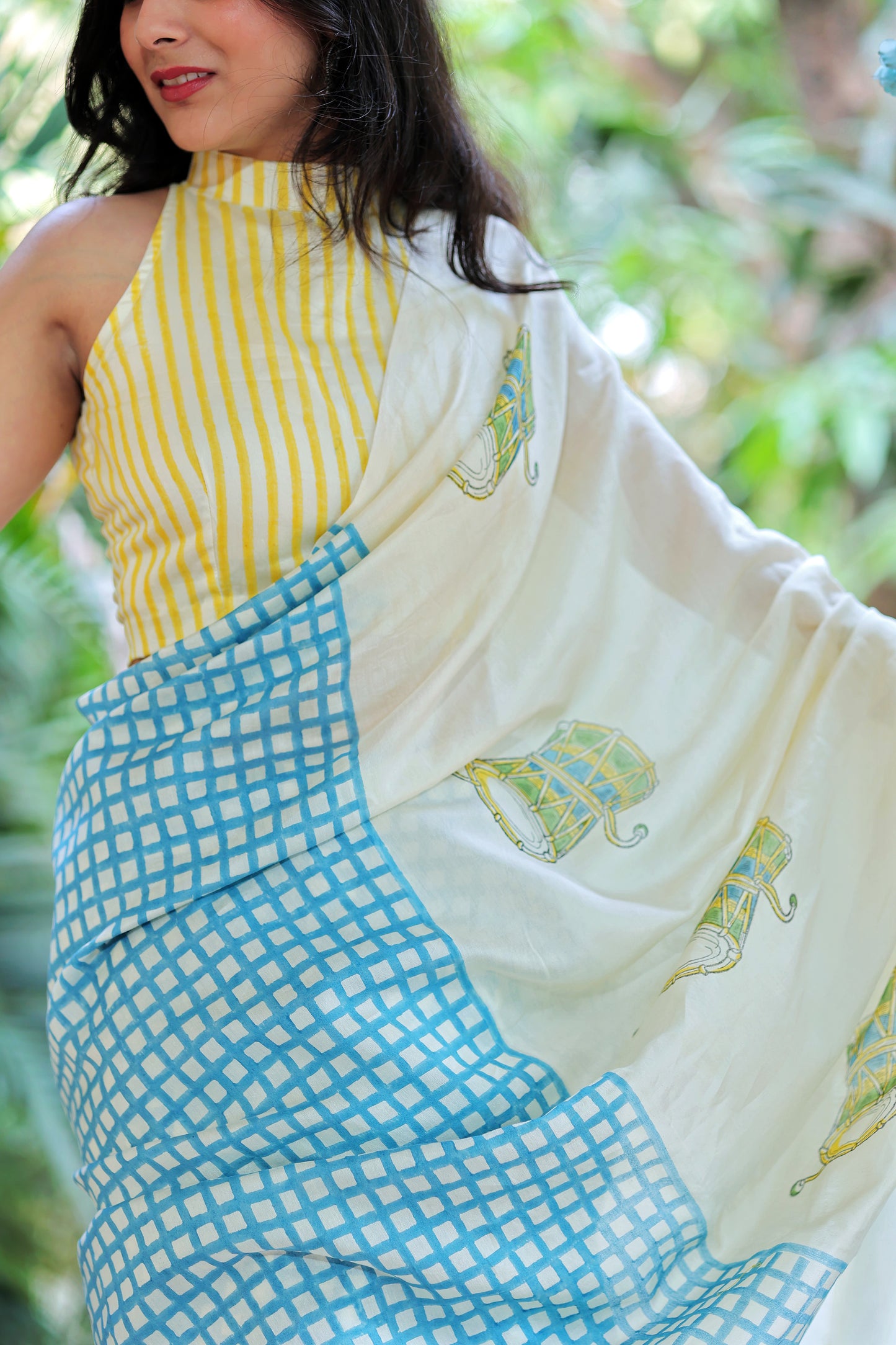 Handblock Print Chanderi Check Blue Saree | Mauj Collection – Spandan Motif | Anumya