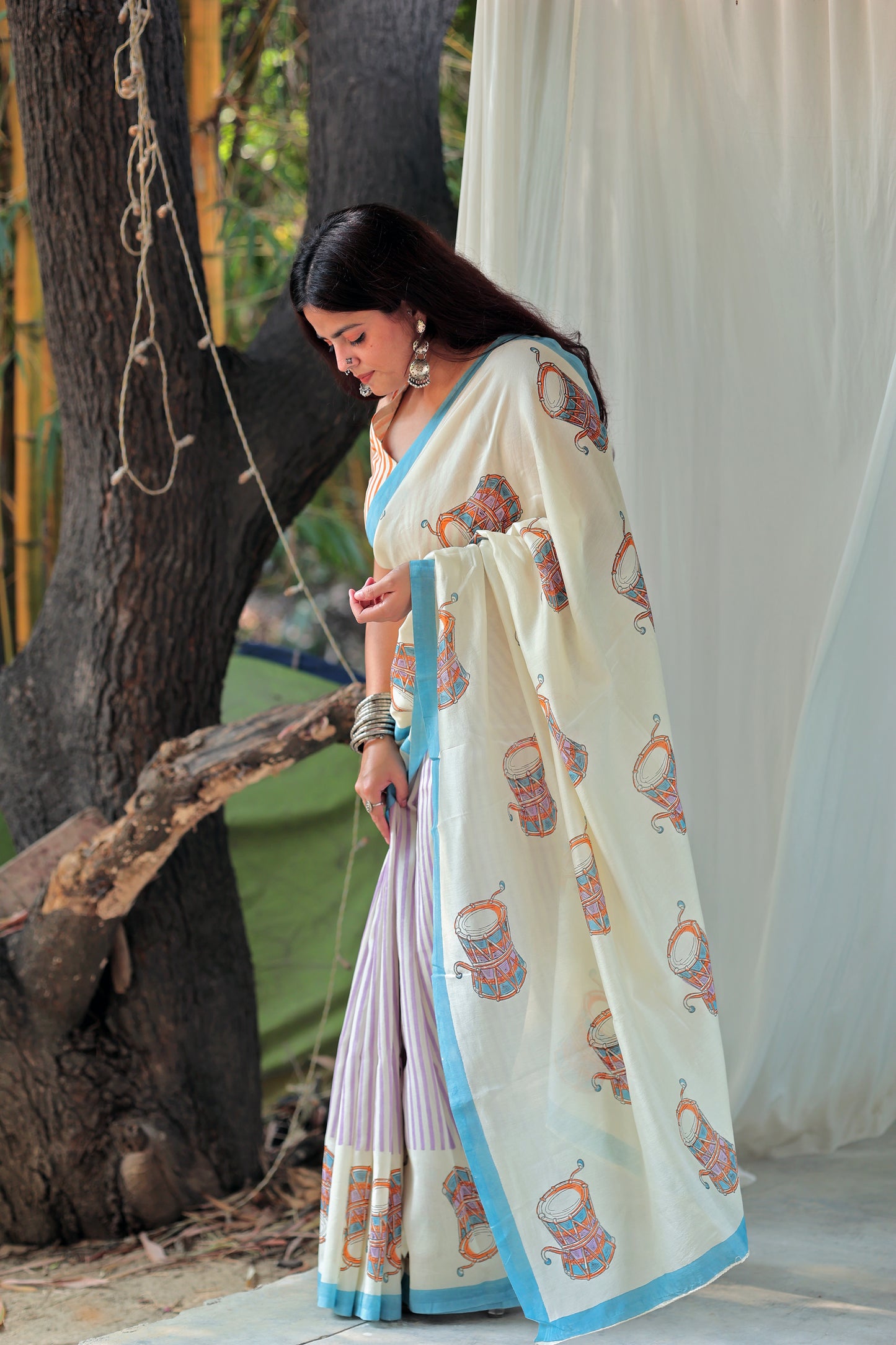 Handblock Print Chanderi Purple Bottom Damru Saree | Mauj Collection – Spandan Motif | Anumya