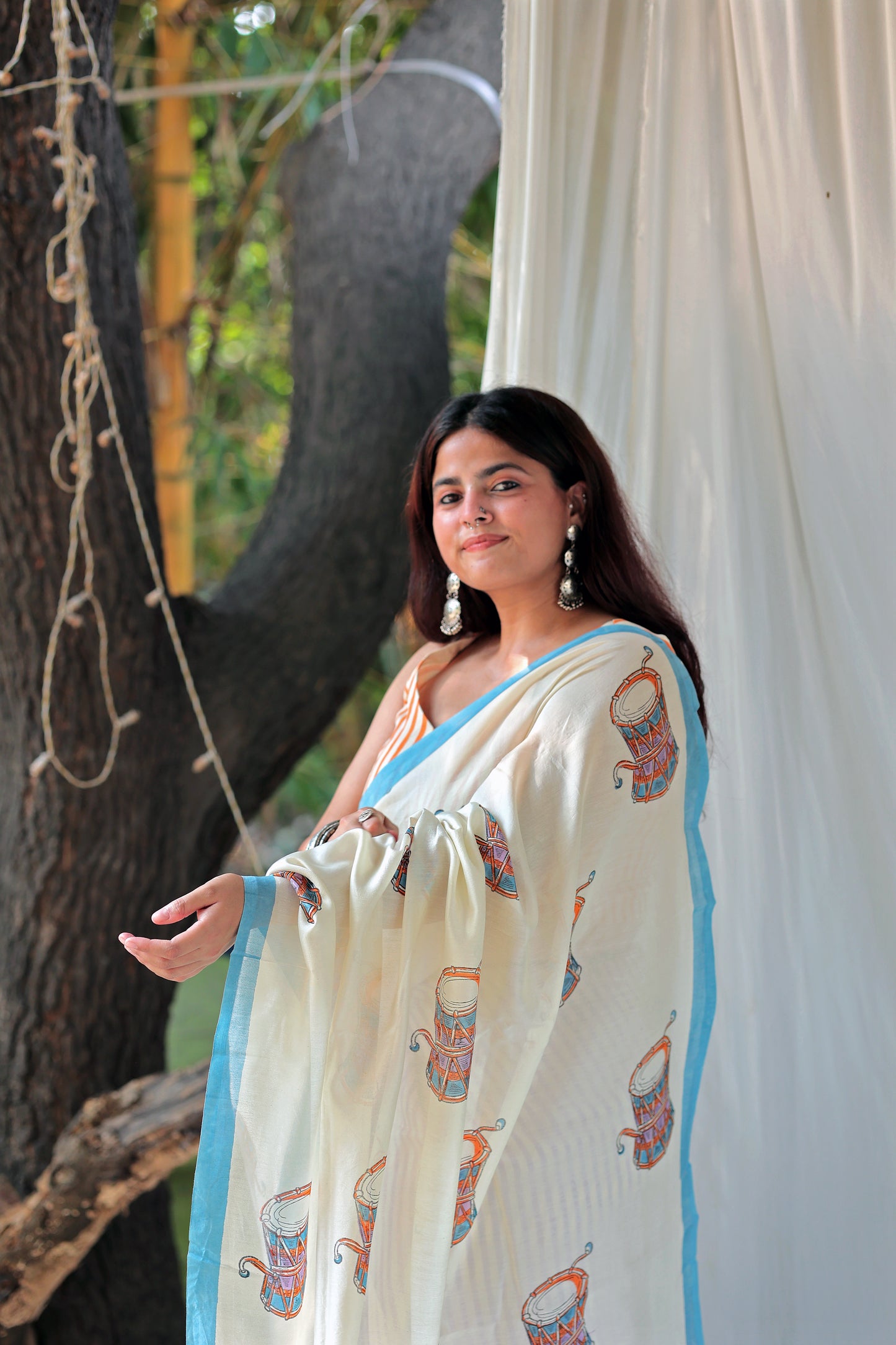 Handblock Print Chanderi Purple Bottom Damru Saree | Mauj Collection – Spandan Motif | Anumya