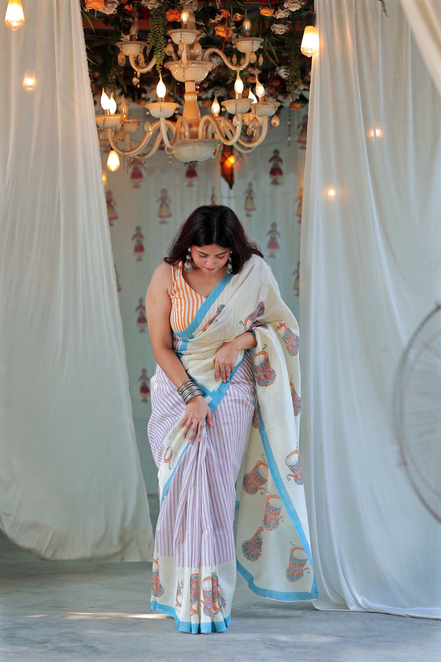 Handblock Print Chanderi Purple Bottom Damru Saree | Mauj Collection – Spandan Motif | Anumya