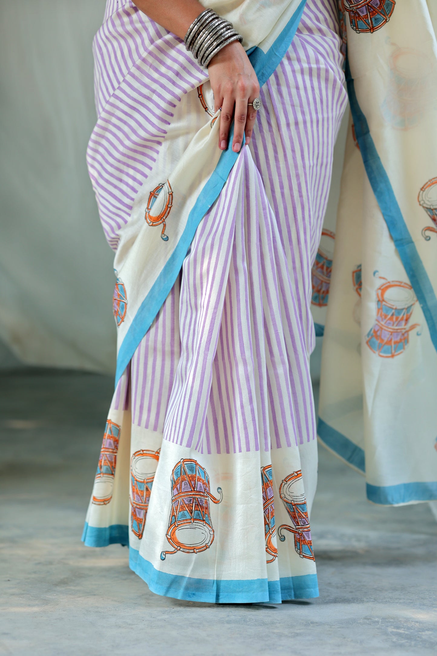 Handblock Print Chanderi Purple Bottom Damru Saree | Mauj Collection – Spandan Motif | Anumya