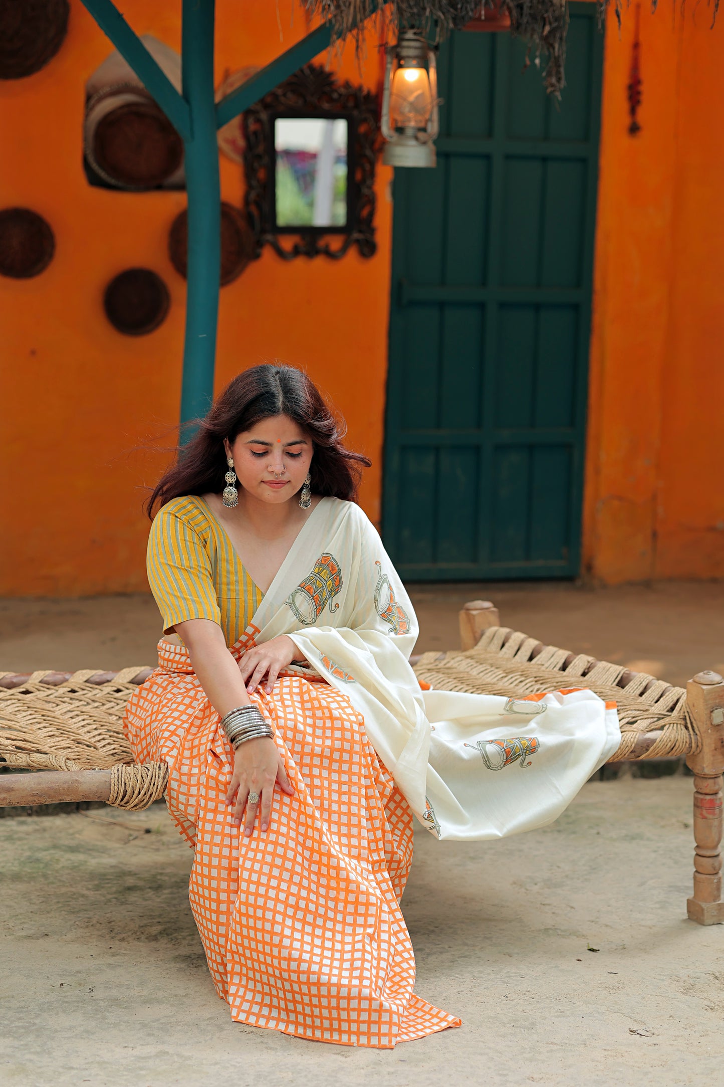 Handblock Print Chanderi Check Orange Saree | Mauj Collection – Spandan Motif | Anumya