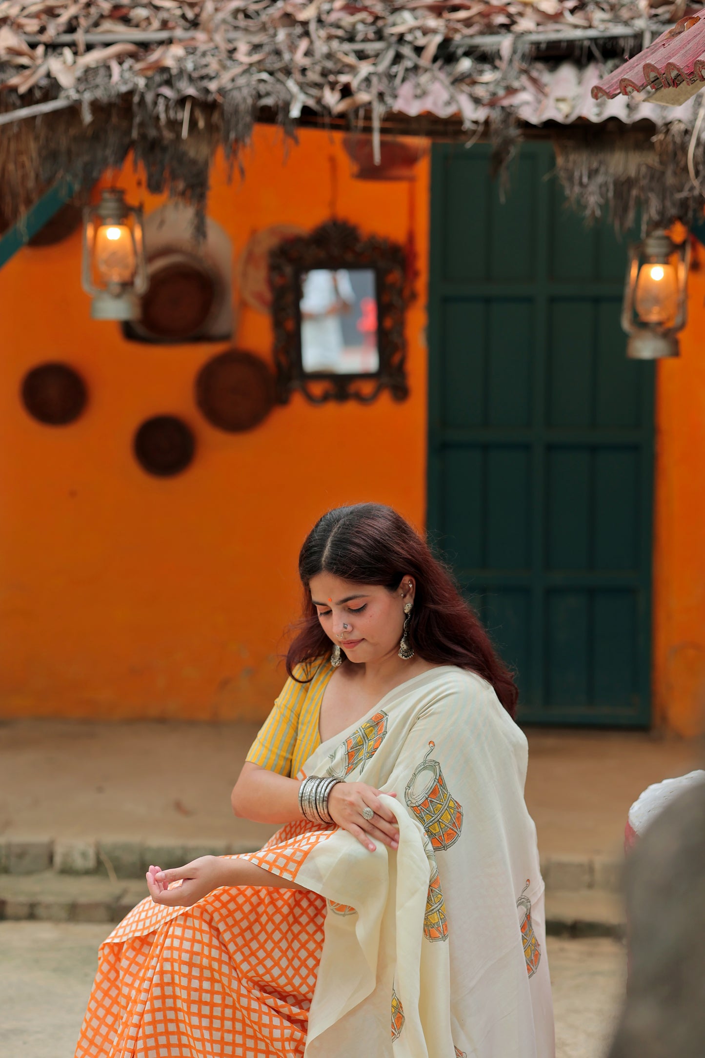 Handblock Print Chanderi Check Orange Saree | Mauj Collection – Spandan Motif | Anumya