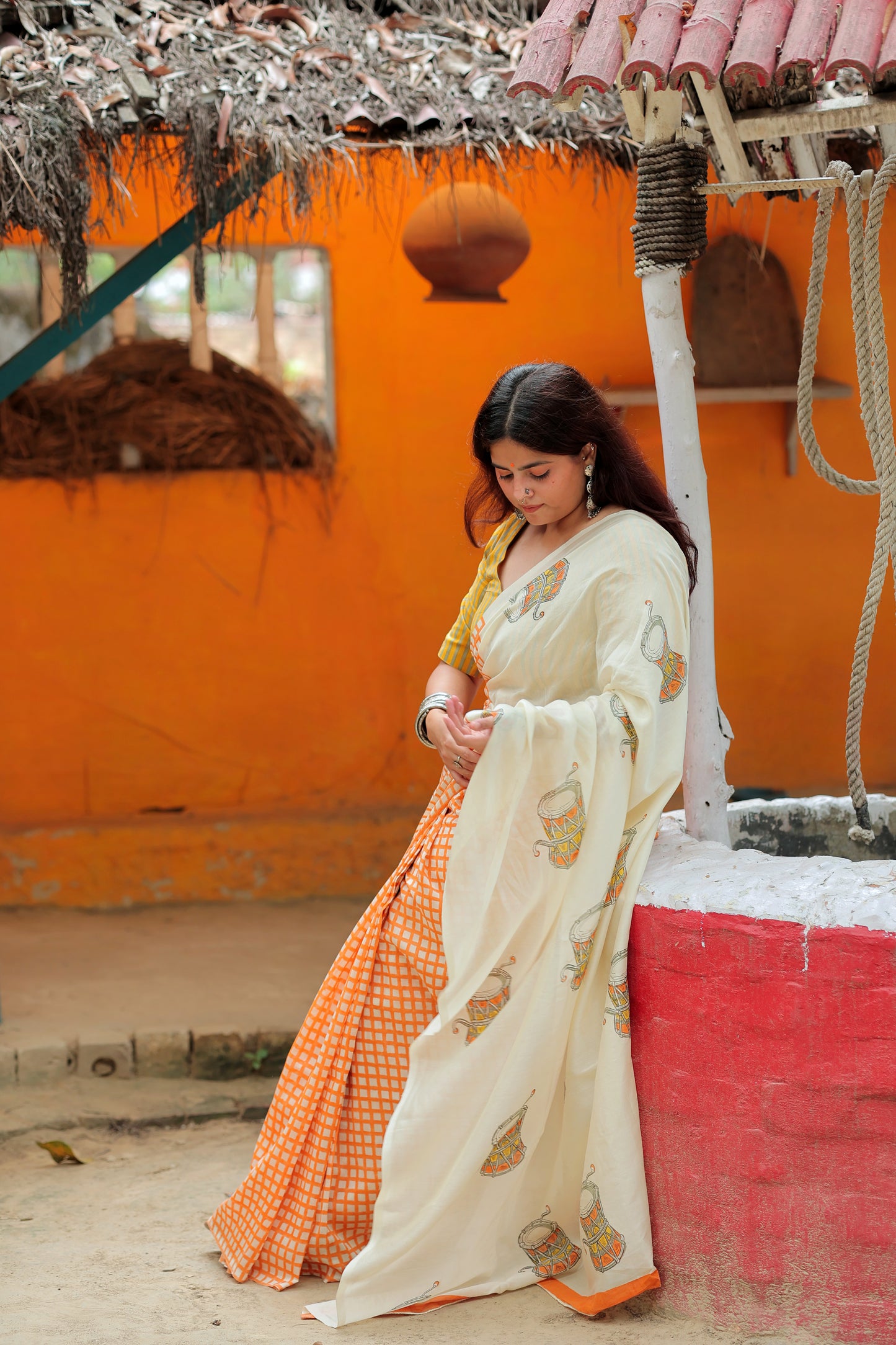 Handblock Print Chanderi Check Orange Saree | Mauj Collection – Spandan Motif | Anumya