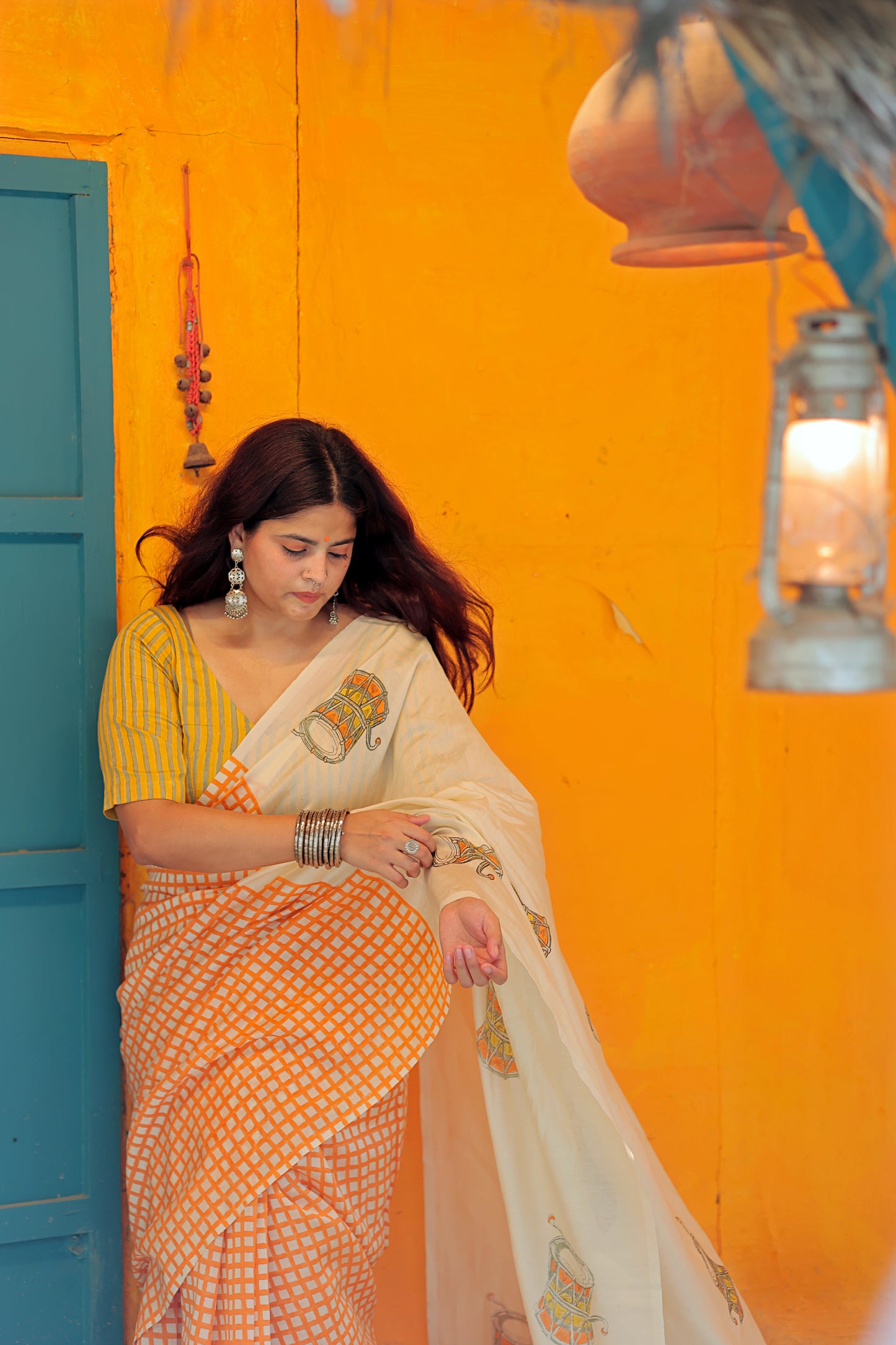 Handblock Print Chanderi Check Orange Saree | Mauj Collection – Spandan Motif | Anumya