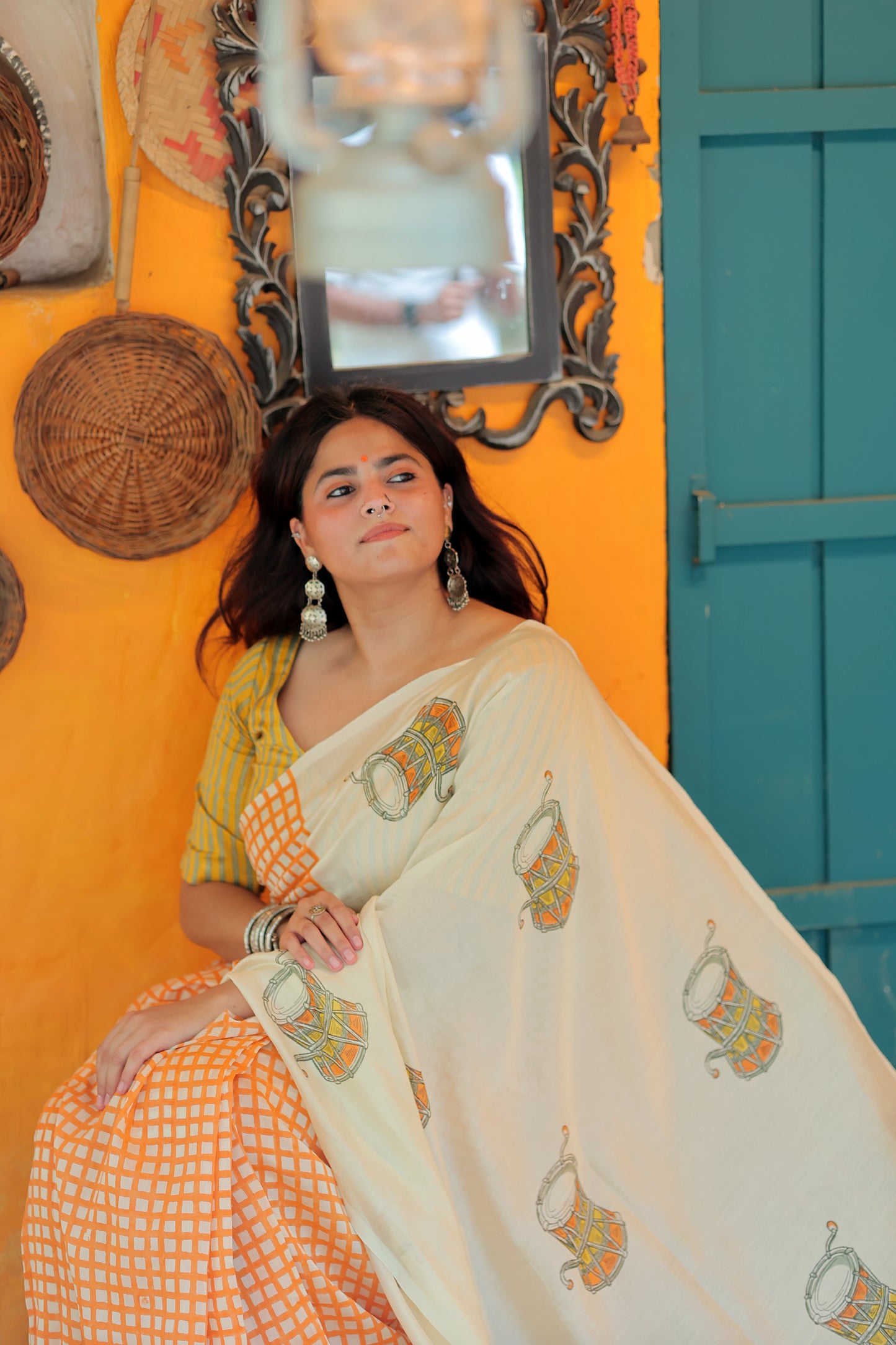Handblock Print Chanderi Check Orange Saree | Mauj Collection – Spandan Motif | Anumya