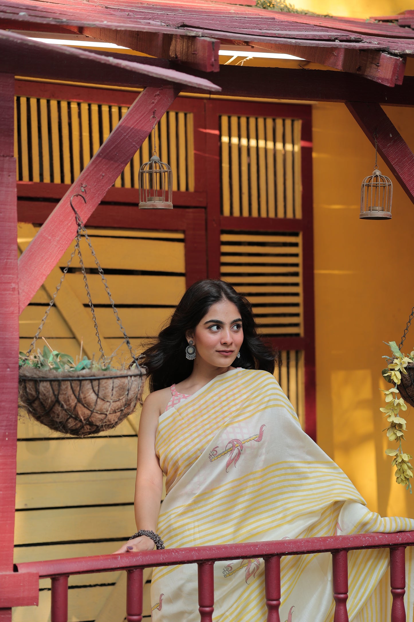 Handblock Print Chanderi Stripe Saree | Mauj Collection – Swar Motif | Anumya