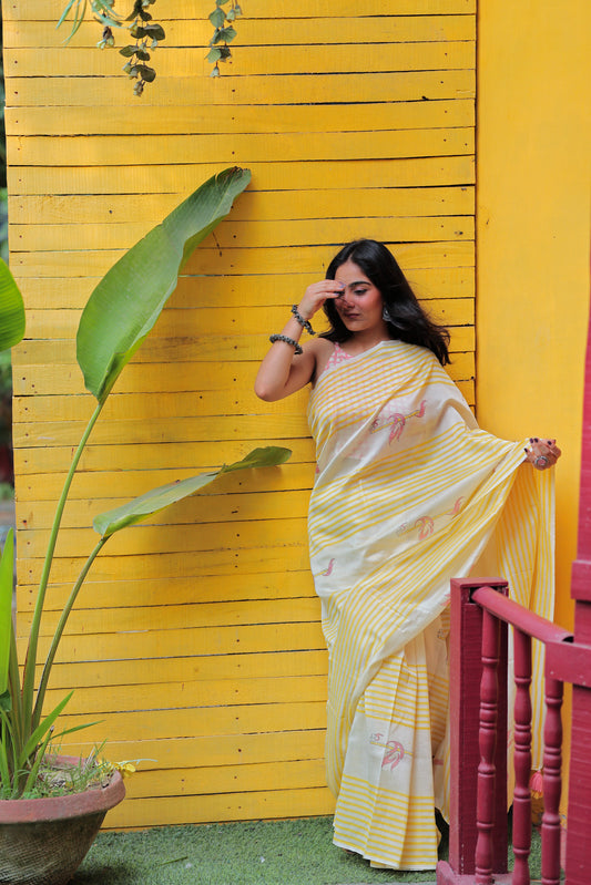 Handblock Print Chanderi Stripe Saree | Mauj Collection – Swar Motif | Anumya