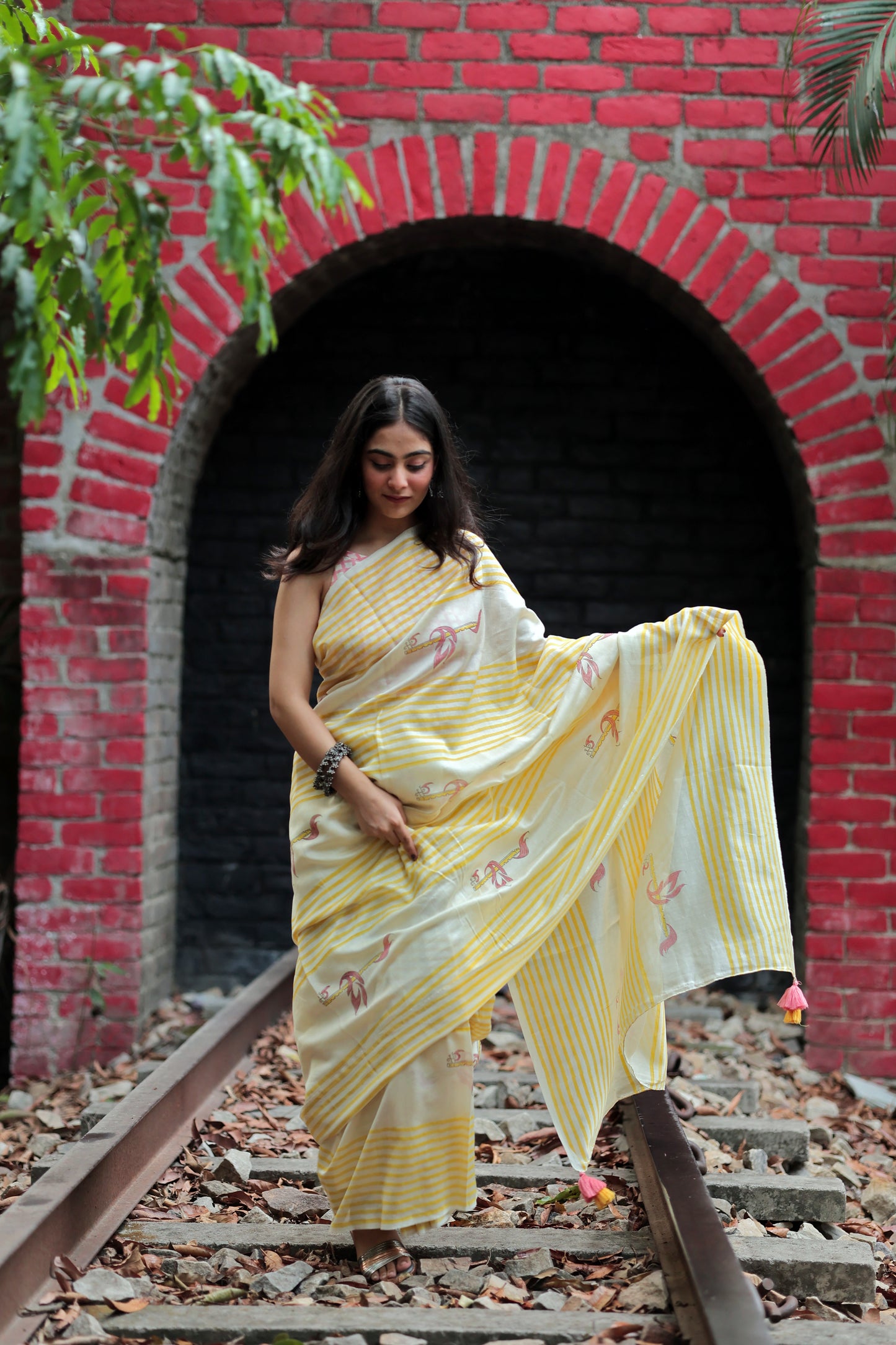 Handblock Print Chanderi Stripe Saree | Mauj Collection – Swar Motif | Anumya