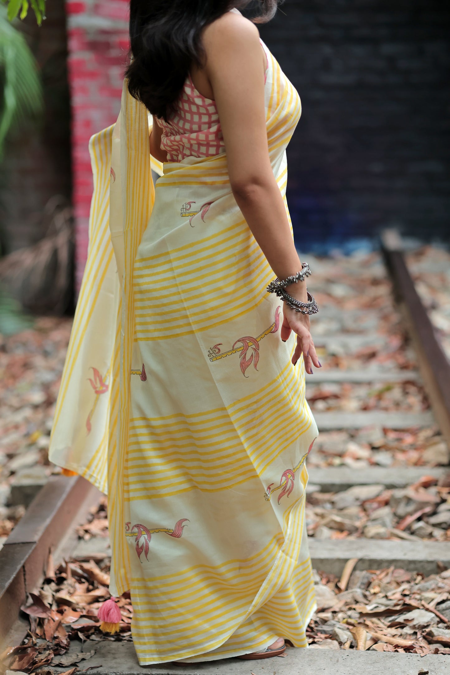 Handblock Print Chanderi Stripe Saree | Mauj Collection – Swar Motif | Anumya