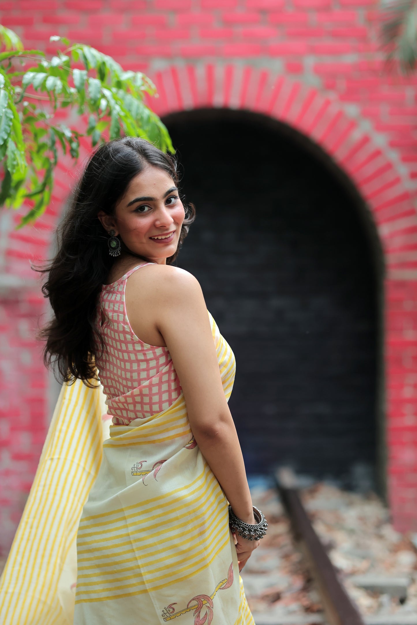 Handblock Print Chanderi Stripe Saree | Mauj Collection – Swar Motif | Anumya