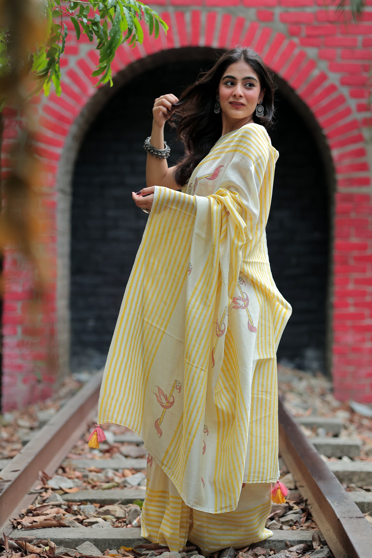 Handblock Print Chanderi Stripe Saree | Mauj Collection – Swar Motif | Anumya