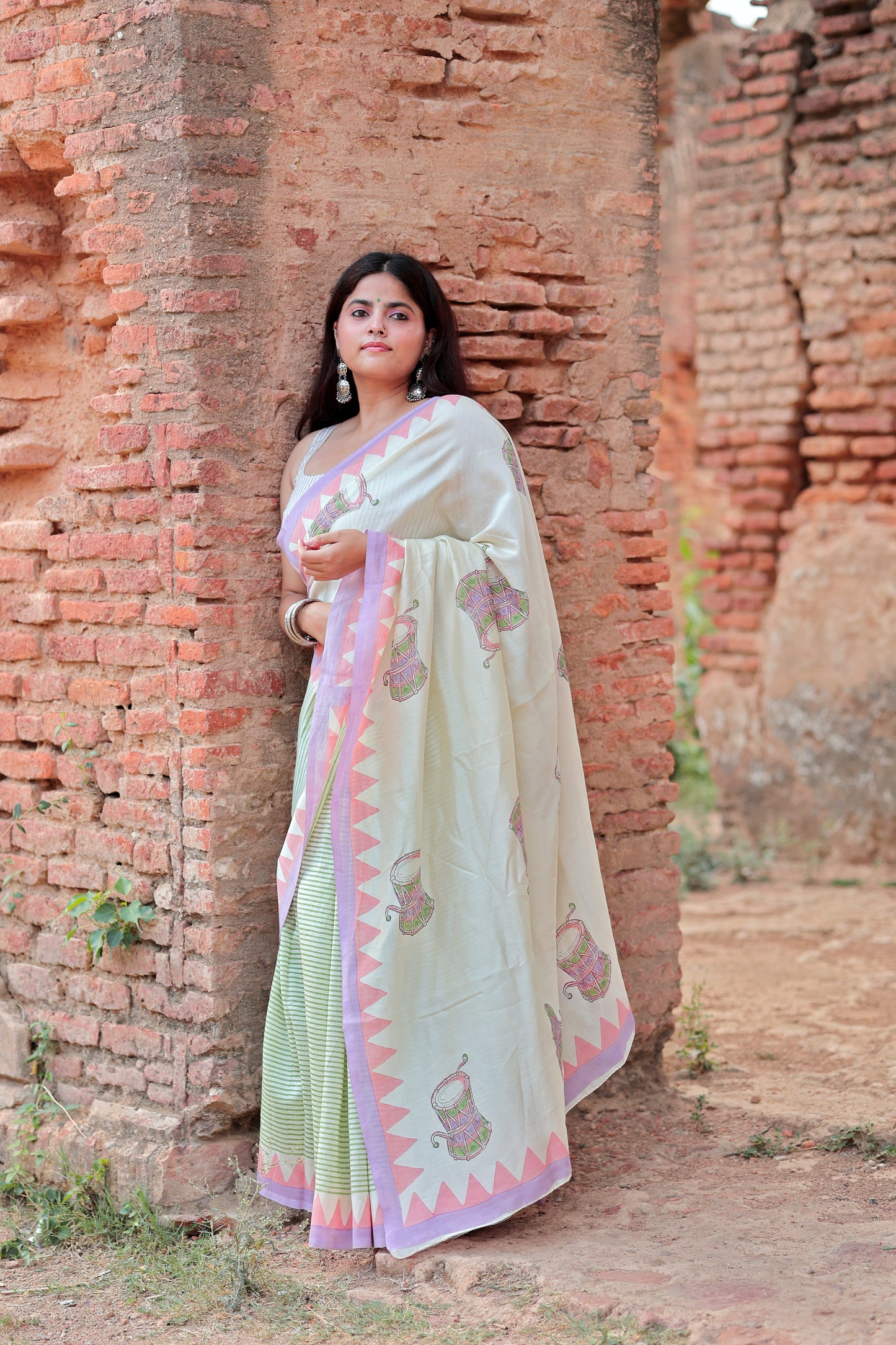 Handblock Print Chanderi Triangle Stripe Purple Saree | Mauj Collection – Spandan Motif | Anumya