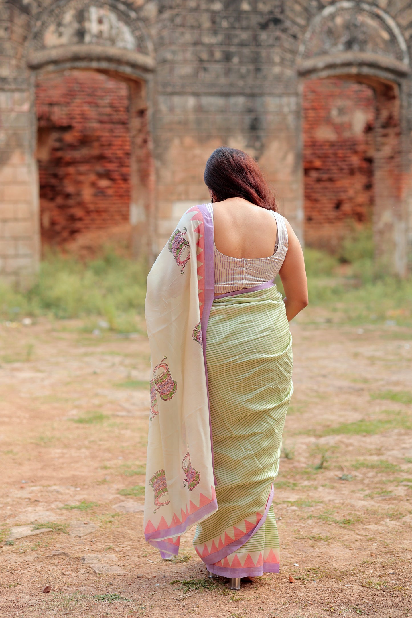 Handblock Print Chanderi Triangle Stripe Purple Saree | Mauj Collection – Spandan Motif | Anumya