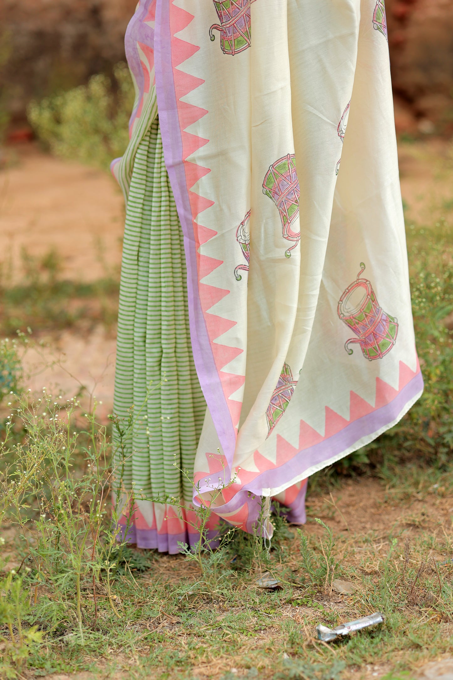 Handblock Print Chanderi Triangle Stripe Purple Saree | Mauj Collection – Spandan Motif | Anumya