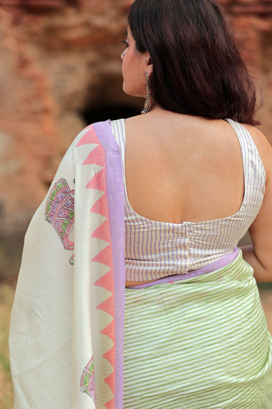 Handblock Print Chanderi Triangle Stripe Purple Saree | Mauj Collection – Spandan Motif | Anumya