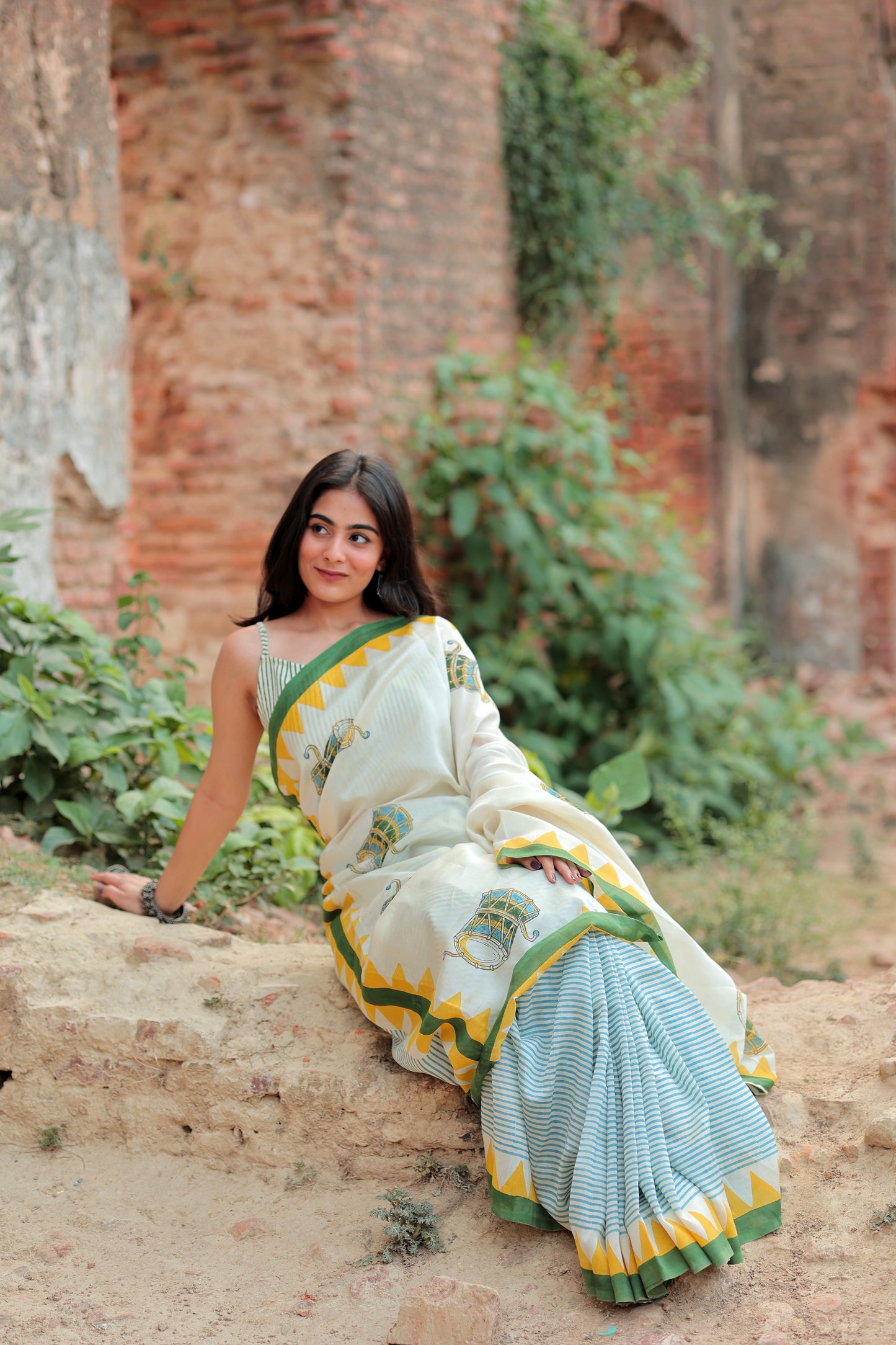 Handblock Print Chanderi Triangle Stripe Saree | Mauj Collection – Spandan Motif | Anumya