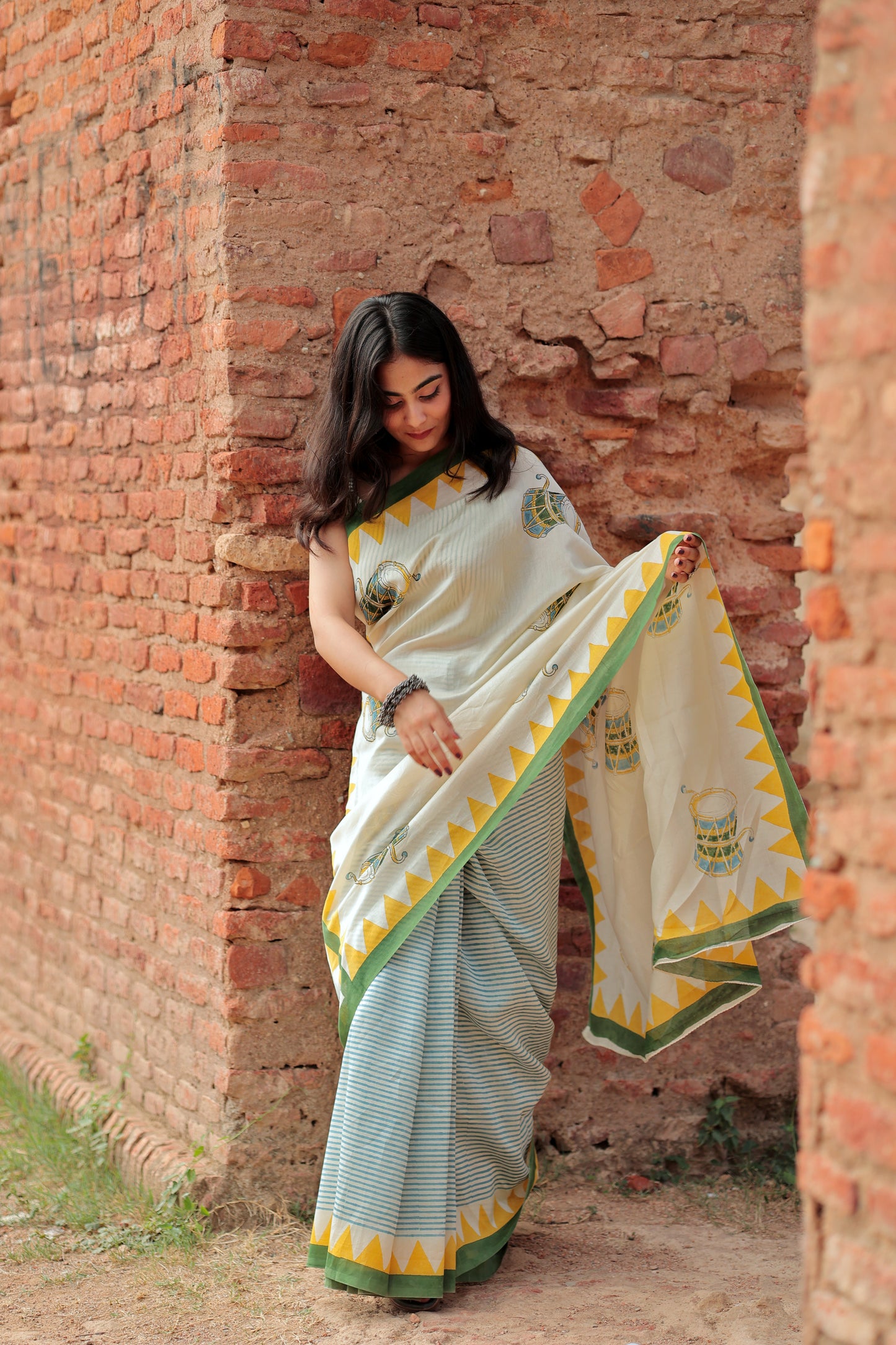 Handblock Print Chanderi Triangle Stripe Saree | Mauj Collection – Spandan Motif | Anumya