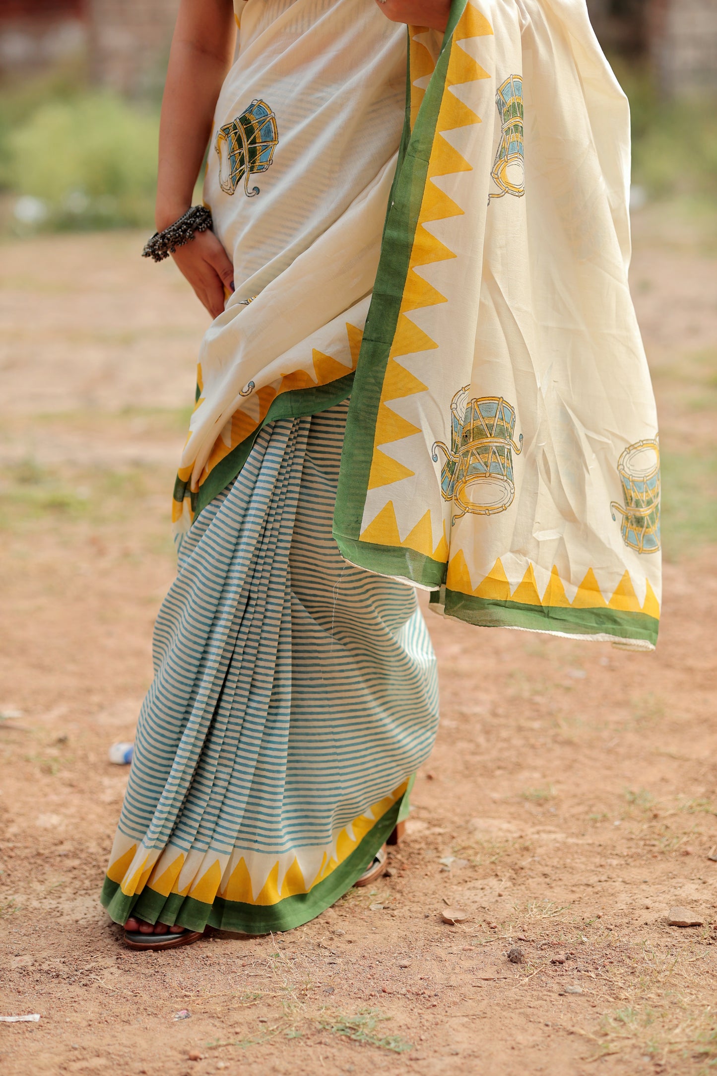 Handblock Print Chanderi Triangle Stripe Saree | Mauj Collection – Spandan Motif | Anumya