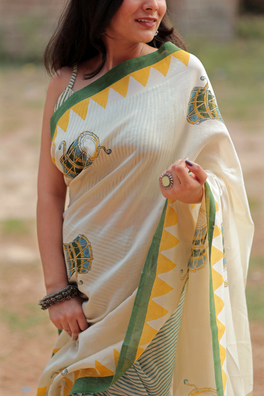 Handblock Print Chanderi Triangle Stripe Saree | Mauj Collection – Spandan Motif | Anumya