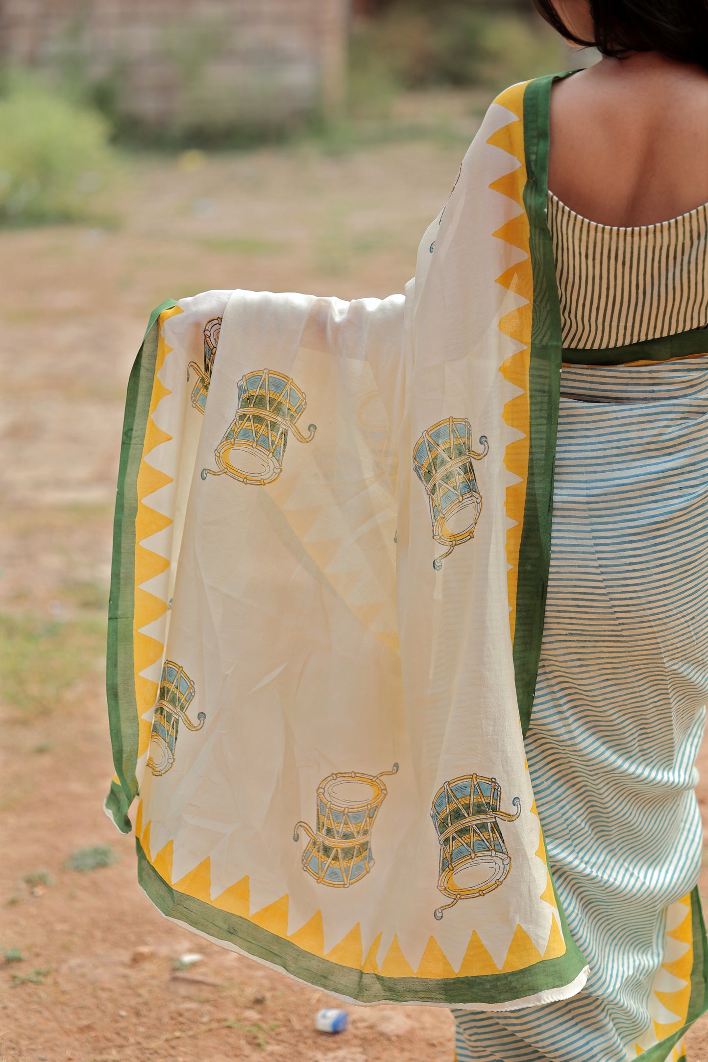 Handblock Print Chanderi Triangle Stripe Saree | Mauj Collection – Spandan Motif | Anumya
